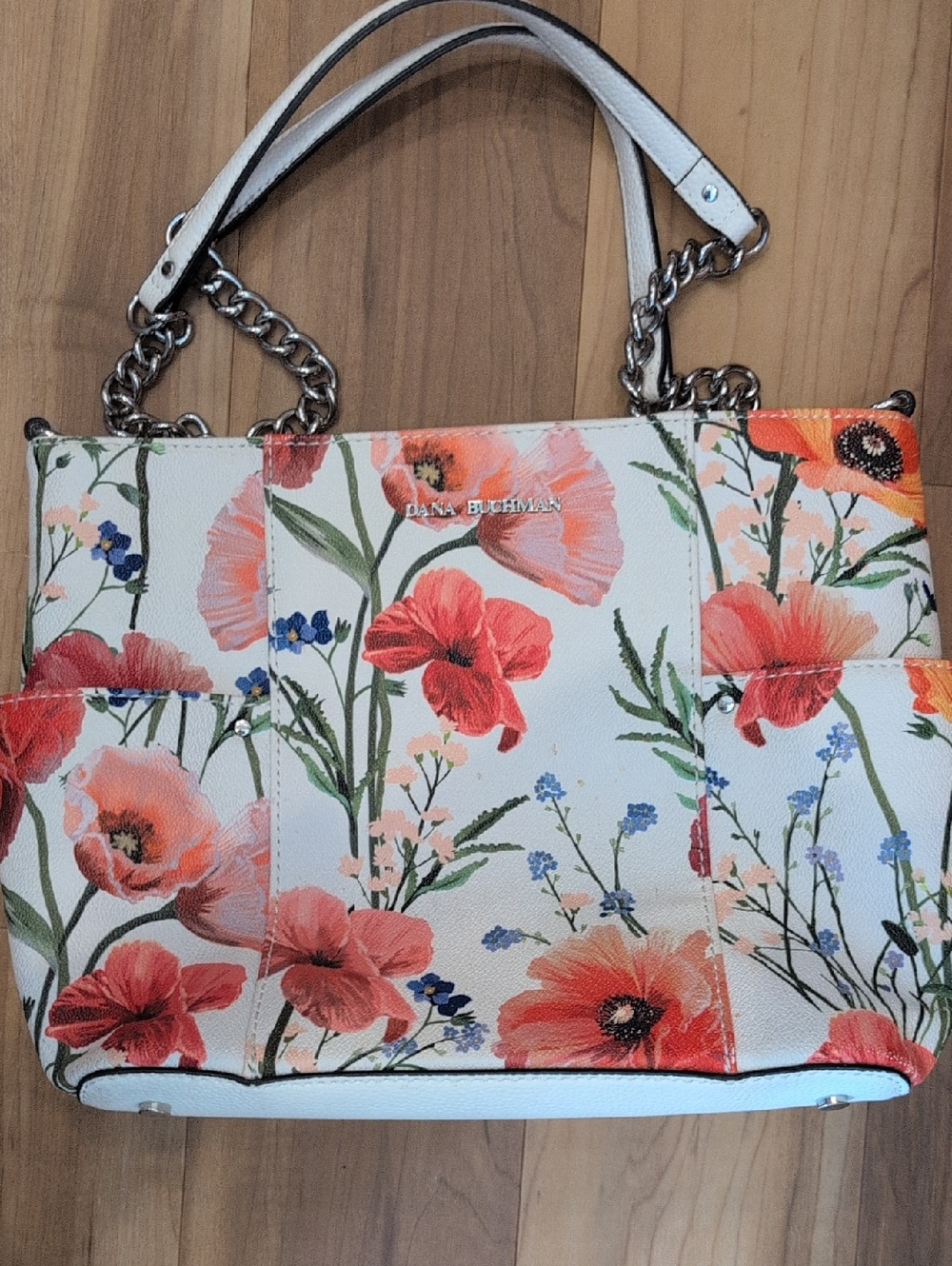 Dana Buchman White Floral Tote with Coral and Red Blooms